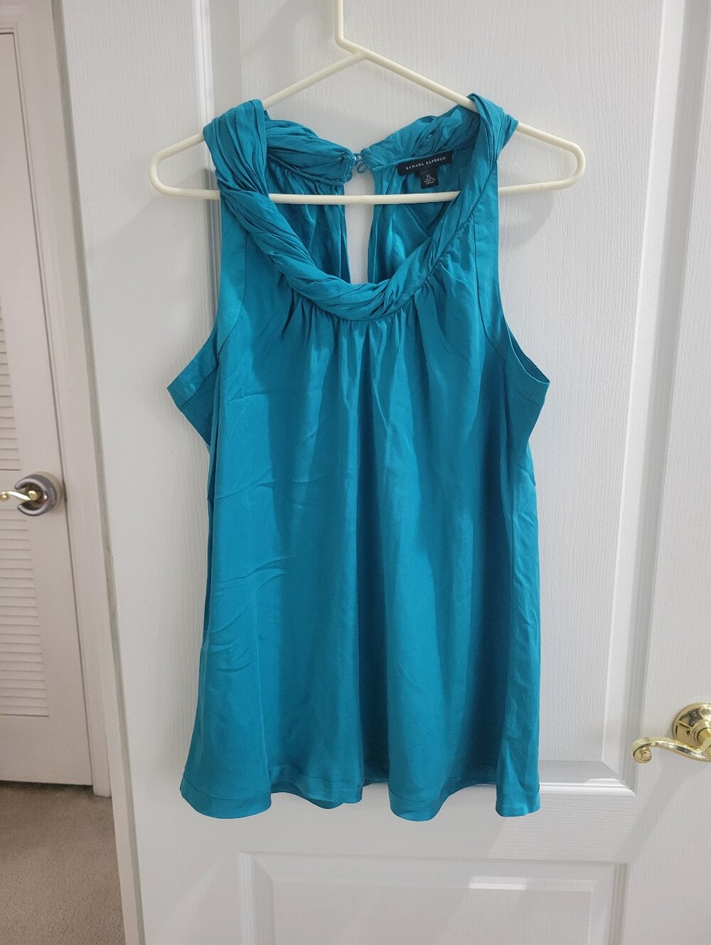 Banana Republic Silk Halter Top Size XL Teal Turquoise Twist Front Blouse Shirt
